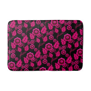 Roze bloemen, roze bladeren, Folk art floral/zwart Badmat