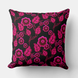 Roze bloemen, roze bladeren, Folkkunstbloem/zwart Kussen