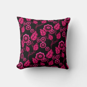 Roze bloemen, roze bladeren, Folkkunstbloem/zwart Kussen