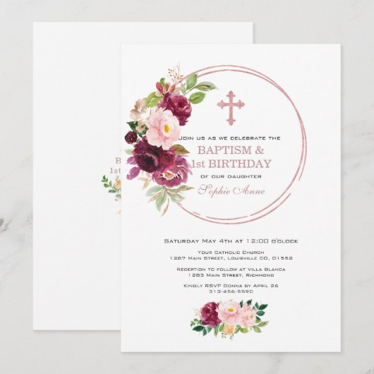 Roze Bloemen Roze Goud 1e Verjaardag & Doop Kaart (Voorkant / Achterkant)