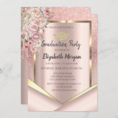 Roze Bloemen Roze Goud Glitter Afstuderen Kaart (Voorkant / Achterkant)