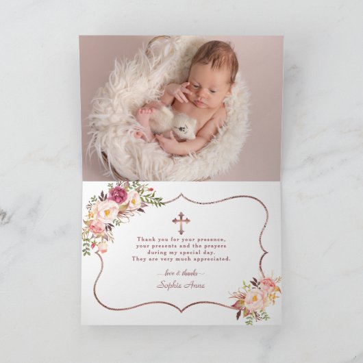 Roze Bloemen Roze Goud Kind Foto Doop Bedankkaart (Binnen)