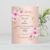Roze bloemen roze gouden geometrische bruiloft kaart (Staand voorkant)