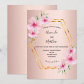 Roze bloemen roze gouden geometrische bruiloft kaart (Voorkant / Achterkant)
