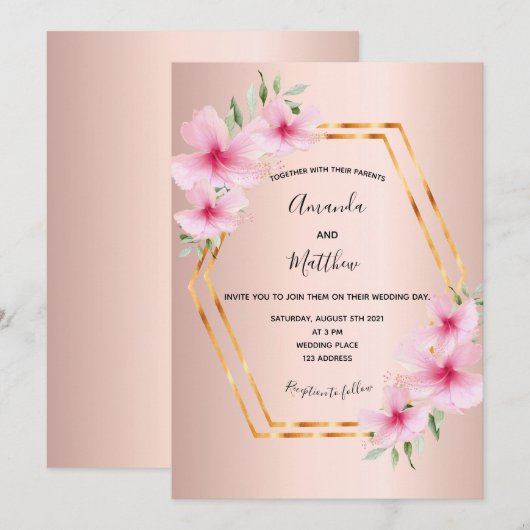 Roze bloemen roze gouden geometrische bruiloft kaart (Voorkant / Achterkant)