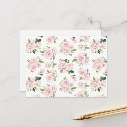 Roze bloemen, roze rozen, Waterverf bloemen Briefkaart (Voorkant / Achterkant in situ)