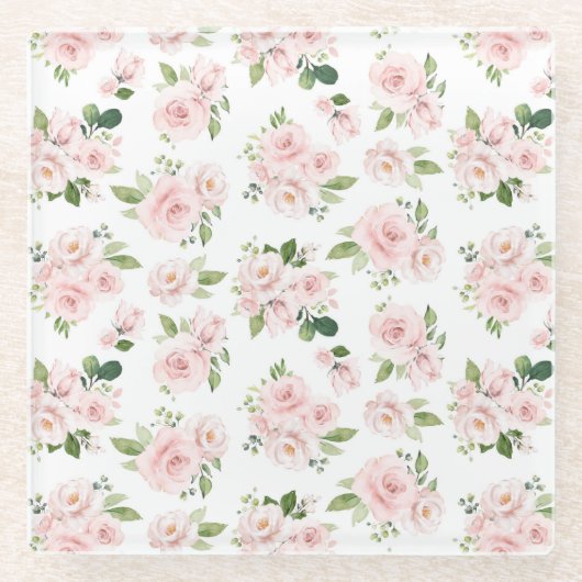 Roze bloemen, roze rozen, Waterverf bloemen Glazen Onderzetter (Voorkant)