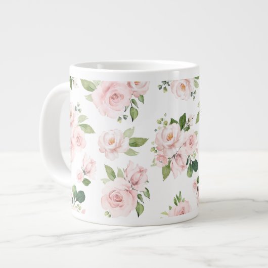 Roze bloemen, roze rozen, Waterverf bloemen Grote Koffiekop (Links)