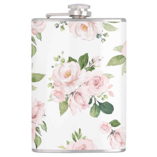 Roze bloemen, roze rozen, Waterverf bloemen Heupfles (Voorkant)