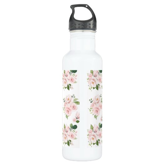 Roze bloemen, roze rozen, Waterverf bloemen Waterfles (Achterkant)