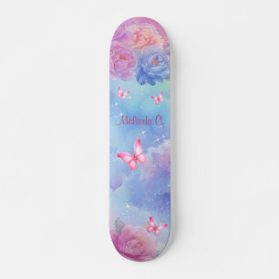 Roze Bloemen & Roze Vlinders Regenboog Wolken Persoonlijk Skateboard