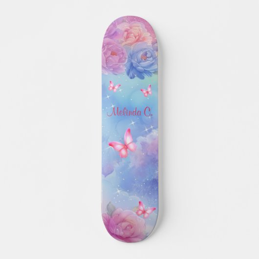 Roze Bloemen & Roze Vlinders Regenboog Wolken Persoonlijk Skateboard (Voorkant)