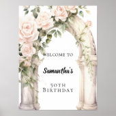 Roze bloemen rozen boogverjaardagswelkom poster (Voorkant)