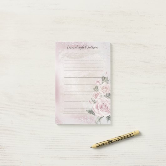Roze Bloemen Rozen Elegant Lined Gepersonaliseerd Post-it® Notes (Op bureau)