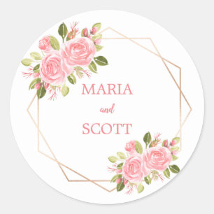 Roze Bloemen Rozen en Gouden Folie Bruiloft Sticke Ronde Sticker