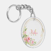 Roze Bloemen Rozen - Goud Lijst - Gepersonaliseerd Sleutelhanger (Voorkant Links)