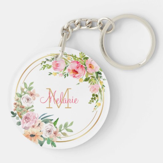Roze Bloemen Rozen - Goud Lijst - Gepersonaliseerd Sleutelhanger (Achterkant)