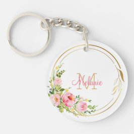 Roze Bloemen Rozen - Goud Lijst - Gepersonaliseerd Sleutelhanger