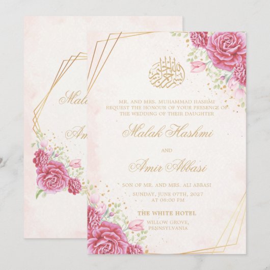 Roze Bloemen & Rozen Gouden Islamitische Moslim br Kaart (Voorkant / Achterkant)