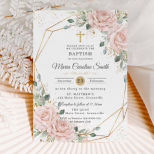 Roze bloemen rozen gouden kruis doop kaart