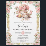 Roze Bloemen Rozen High Tea Party Verjaardag Flyer<br><div class="desc">Personaliseer deze tea party uitnodigingsflyers gemakkelijk en snel. Klik gewoon op de knop Aanpassen om de teksten te bewerken, lettertypen en lettertypekleuren te wijzigen. Met een set theepot en theekopje, prachtige blozende roze rozen en een antiek gouden rand. Alle tekst is bewerkbaar. Personaliseer het voor vrijgezellenfeest, baby shower, verjaardagsfeest en...</div>