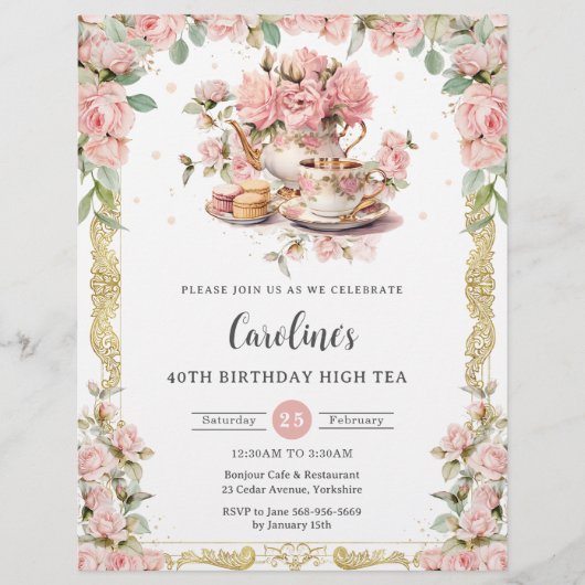 Roze Bloemen Rozen High Tea Party Verjaardag Flyer (Voorkant)