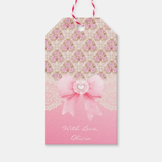  roze bloemen Rozen lint en kant Cadeaulabel (Voorkant)