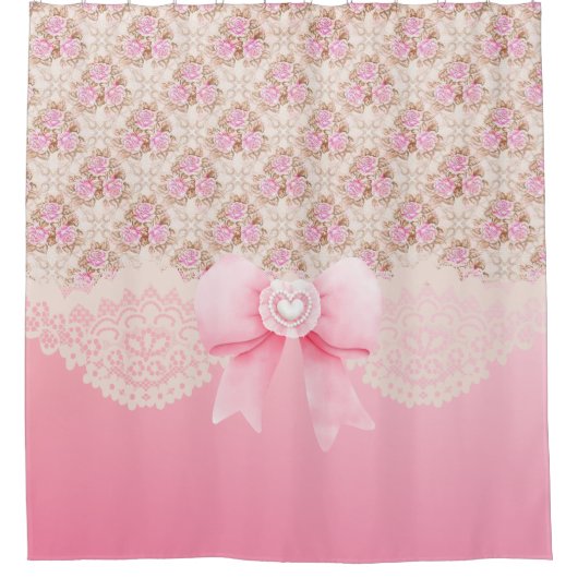  roze bloemen Rozen lint en kant Douchegordijn (Voorkant)