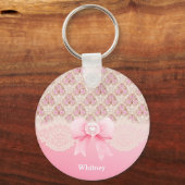  roze bloemen Rozen lint en kant monogram Sleutelhanger (Voorkant)
