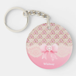 Roze Bloemen Rozen Lint en Kant Naam Sleutelhanger