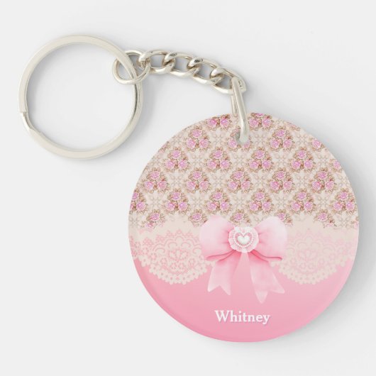  Roze Bloemen Rozen Lint en Kant Naam Sleutelhanger (Voorkant)