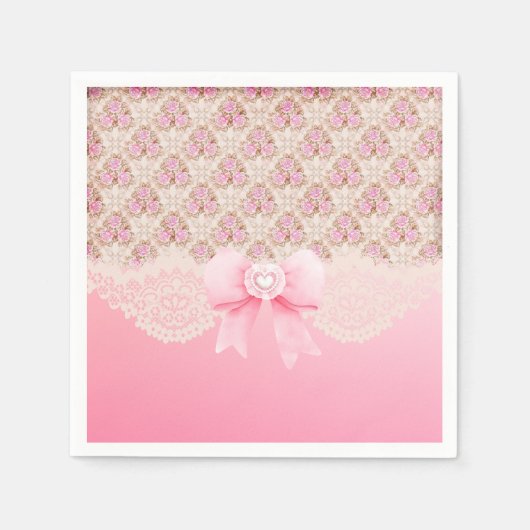  roze bloemen Rozen lint en kant Servet (Voorkant)