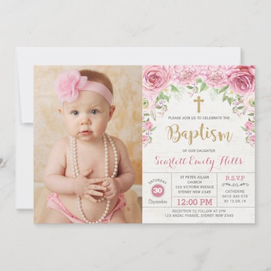  Roze Bloemen Rozen Meisje Doop Foto Kaart (Voorkant)