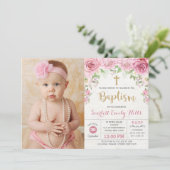  Roze Bloemen Rozen Meisje Doop Foto Kaart (Staand voorkant)