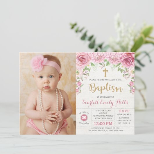 Roze Bloemen Rozen Meisje Doop Foto Kaart (Staand voorkant)