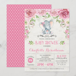 Roze Bloemen Rozen Olifant Baby shower Invitation Kaart