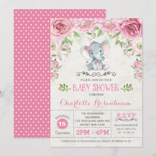 Roze Bloemen Rozen Olifant Baby shower Invitation Kaart