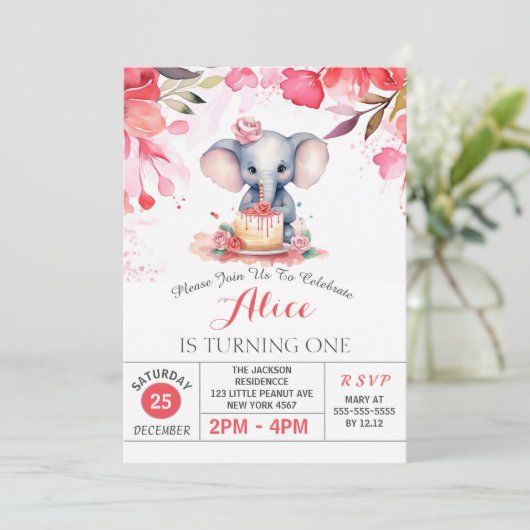 Roze Bloemen Rozen Olifant Verjaardagsfeest Kaart (Staand voorkant)