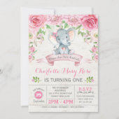 Roze Bloemen Rozen Olifant Verjaardagsfeest Uitnod Kaart (Voorkant)