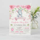 Roze Bloemen Rozen Olifant Verjaardagsfeest Uitnod Kaart (Staand voorkant)