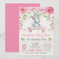 Roze Bloemen Rozen Olifant Verjaardagsfeest Uitnod