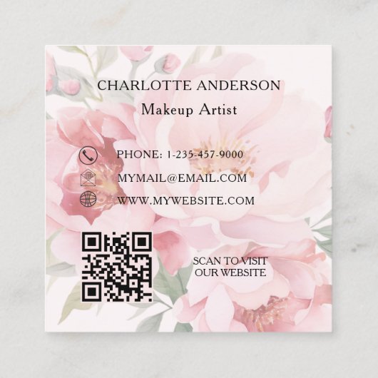 Roze bloemen rozen QR code Vierkante Visitekaartje (Achterkant)