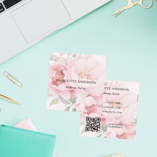 Roze bloemen rozen QR code Vierkante Visitekaartje