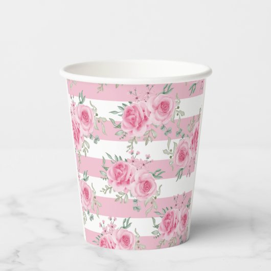  Roze Bloemen Rozen Roze Strepen Waterverf Papieren Bekers (Achterkant)