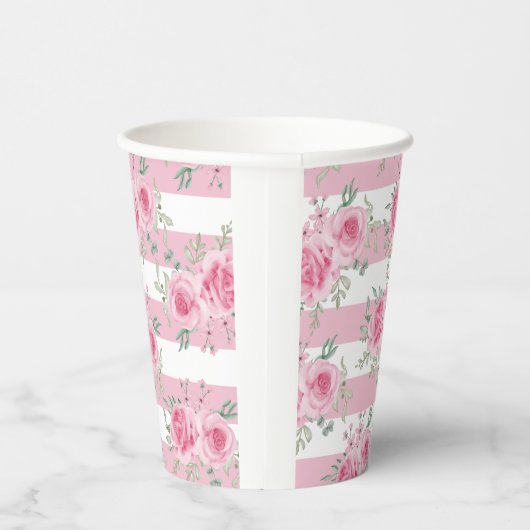  Roze Bloemen Rozen Roze Strepen Waterverf Papieren Bekers (Rechts)