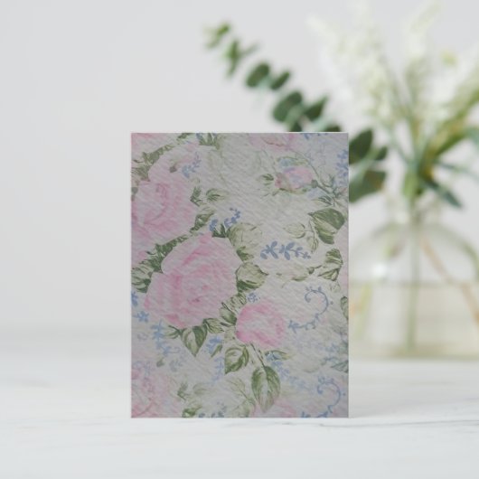 Roze bloemen rozen vintage briefkaart (Staand voorkant)