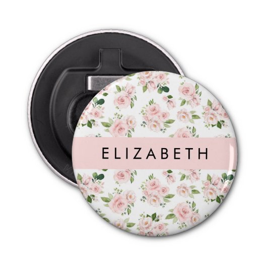 Roze Bloemen, Rozen, Waterverf Bloemen, Jouw naam Button Flesopener (Voorkant)