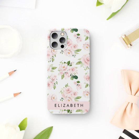 Roze Bloemen, Rozen, Waterverf Bloemen, Jouw naam Case-Mate iPhone Case