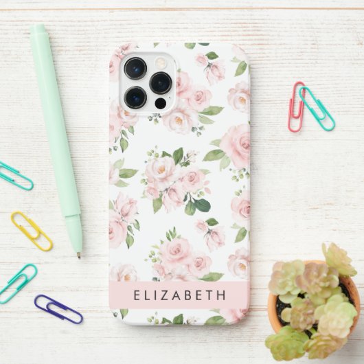 Roze Bloemen, Rozen, Waterverf Bloemen, Jouw naam iPhone Hoesje (Op bureau)