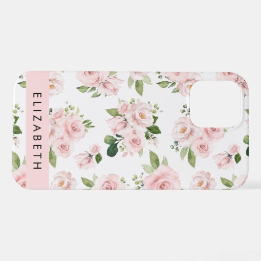 Roze Bloemen, Rozen, Waterverf Bloemen, Jouw naam iPhone Hoesje (Achterkant horizontaal)